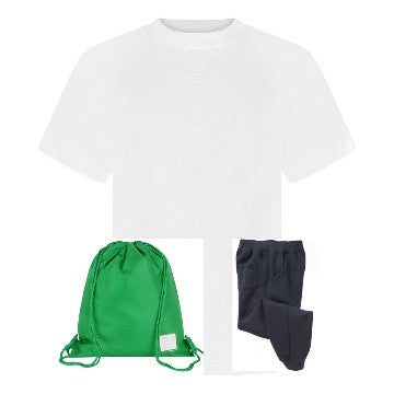 John T Rice Infant PE Kit (White Teeshirt / Navy Jog Pants / Emerald Bag )