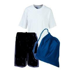 Abercrombie PE Kit comprises of White Teeshirt, Black Shorts and Royal Bag
