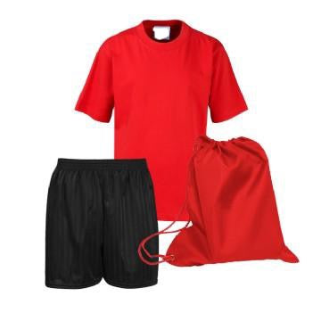 Brampton Primary PE Kit Red Printed Teeshirt / Black Shorts / Red Bag