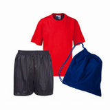 Hawthorne Primary PE Kit White Teeshirt / Black Shadow Stripe Shorts / Red Bag