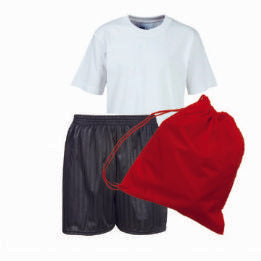 Bottisham PE Kit White Teeshirt / Black Shadow Stripe Shorts / Red Bag