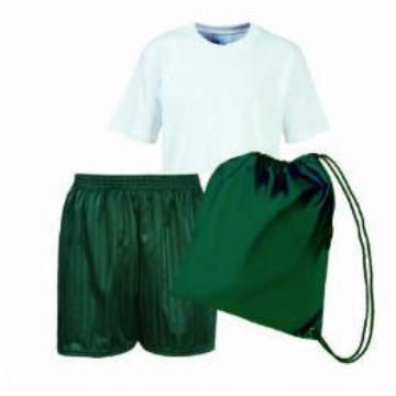 Paulerspury PE Kit White Teeshirt / Bottle Green Shorts / Bottle Green Bag